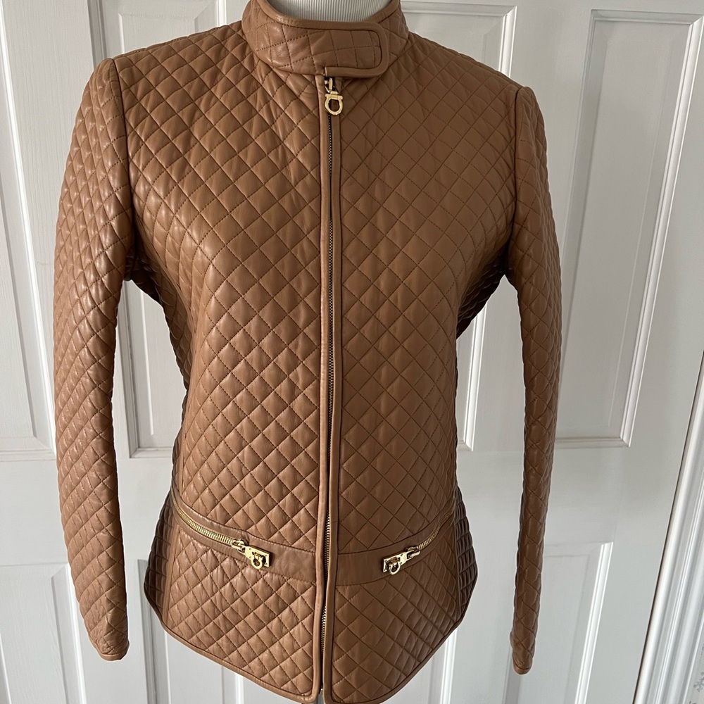 Tan/khaki Salvatore Ferragamo quilted leather jacket          Size 10